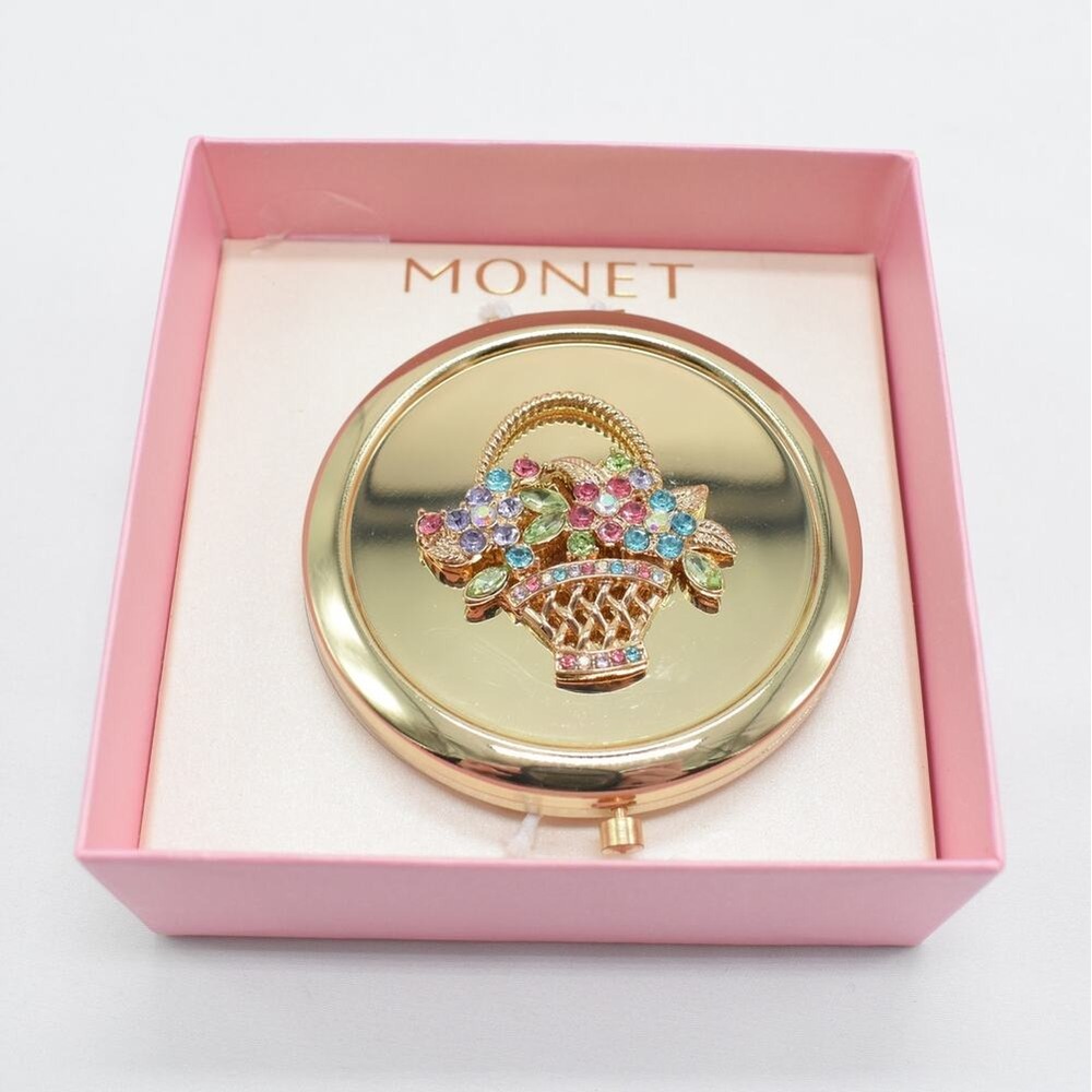 Monet Floral Compact Mirror Gold Tone Rhinestone Flower Purse Pocket New in Box
